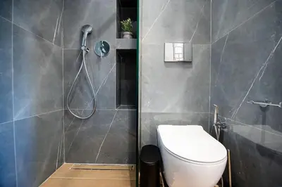 a bathroom with a white toilet and a shower at Santa Marina Luxury Apartments #3 in Asgourou