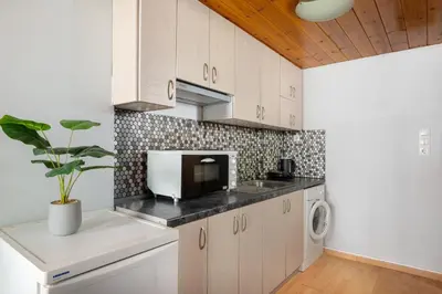 a kitchen with white cabinets and a plant on the counter at Cavo in Ixia