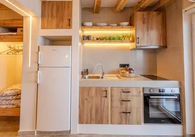 a kitchen with a white refrigerator and a sink at Diamond Seaview Stegna in Archangelos