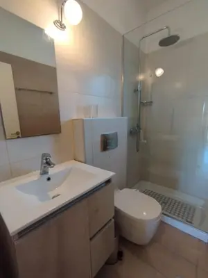 a bathroom with a sink and a toilet and a shower at Marias Apartment in Kolimbia