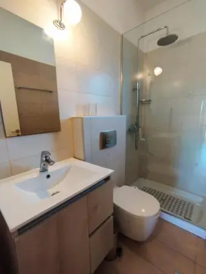 a bathroom with a sink and a toilet and a shower at Marias Apartment in Kolimbia
