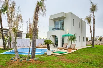 a villa with a swimming pool and palm trees at Le Palme Beach Rhodes in Haraki