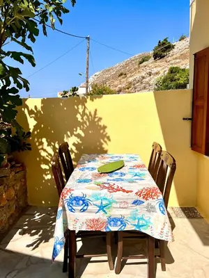 a table with a flowered table cloth on a patio at Symi Roots House in Symi