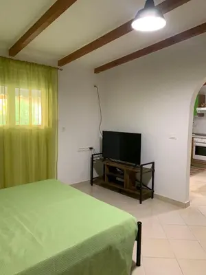 a bedroom with a bed and a flat screen tv at SERENITY House in Faliraki