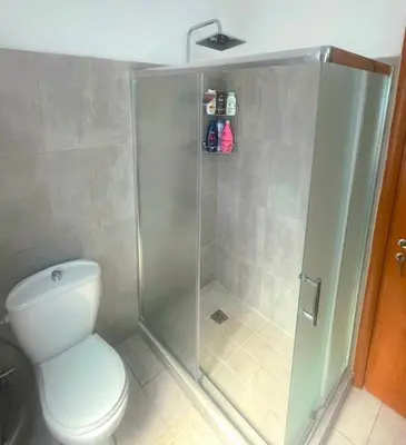 a bathroom with a shower and a toilet at Niki's House in Haraki