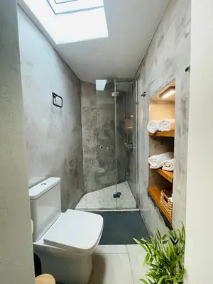 a bathroom with a toilet and a shower at Serenity Luxury Apartment in Symi