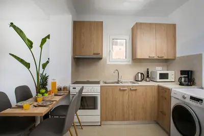 a kitchen with a table and a sink and a microwave at Zafora Apartment in Koskinou