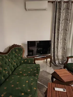a living room with a green couch and a tv at House ROSI in Rodos city in Rhodes Town