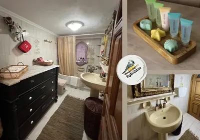 two pictures of a bathroom with a sink and a toilet at Popis Maison in Rhodes Town