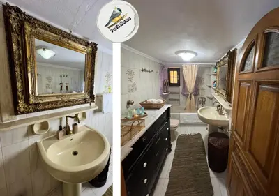 two pictures of a bathroom with a sink and a mirror at Popis Maison in Rhodes Town