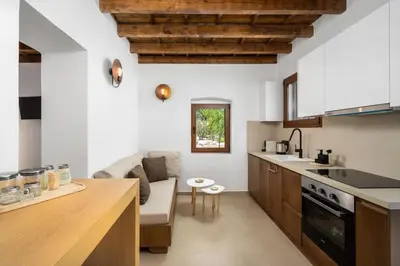 a kitchen with a couch and a table in a room at Aroha Apartments in Rhodes Town