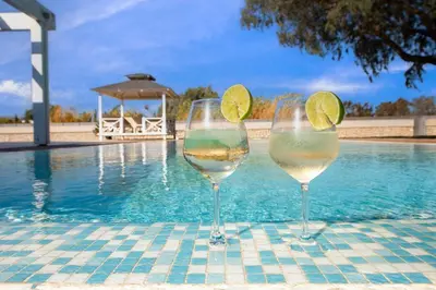 two glasses of wine with a lime slice in them next to a pool at Kiotari Dream beachfront villa in Gennadi