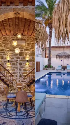 two images of a pool with a palm tree at Casa Famiglia 1910 in Malona Village