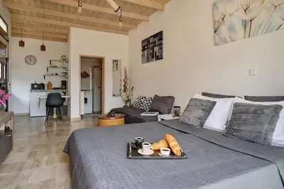 a bedroom with a bed with a tray of food on it at Valley View Studio Apartment Salakos in Sálakos