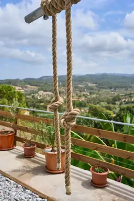 a rope swing on a balcony with potted plants at Valley View Studio Apartment Salakos in Sálakos