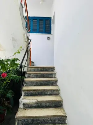 a stairway with a blue door and a blue window at Aelios City House in Rhodes Town