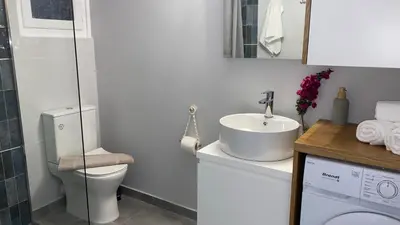a white bathroom with a toilet and a sink at Ariadne in Halki
