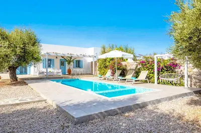 a swimming pool in front of a house at Villa Kalathos Dream Galazio in Kalathos