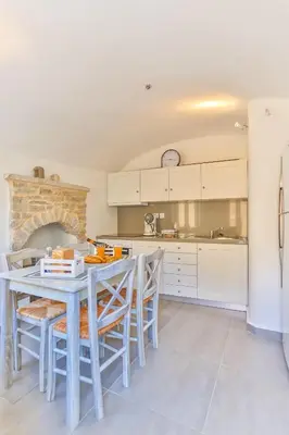 a kitchen with a table and chairs and a fireplace at Annika Deluxe Apartments in Symi