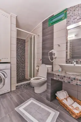 a bathroom with a toilet and a sink and a washing machine at Annika Deluxe Apartments in Symi