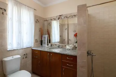 a bathroom with a toilet and a sink and a mirror at Andrealexia Sea View Villa in Kalithies