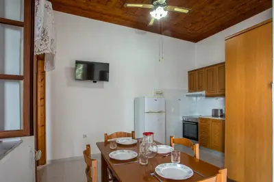 a kitchen with a table with chairs and a refrigerator at Isminis Villa in Halki
