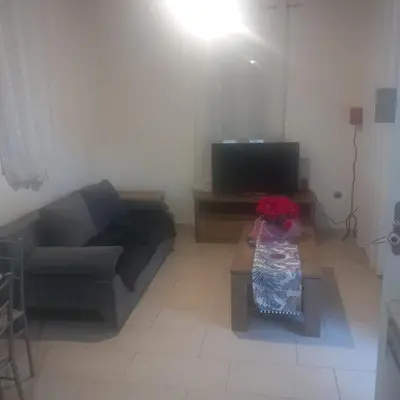 a living room with a couch and a table with flowers at Sunnyside Apartment in Rhodes Town