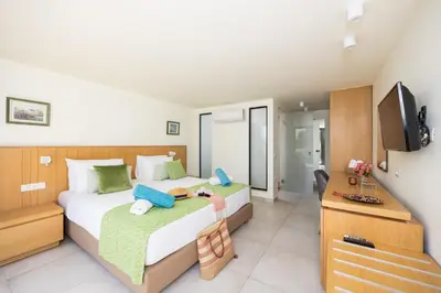 a hotel room with two beds and a television at Villa Elena in Kalathos