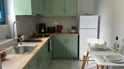 a kitchen with green cabinets and a white refrigerator at FEDON Guesthouse in Halki