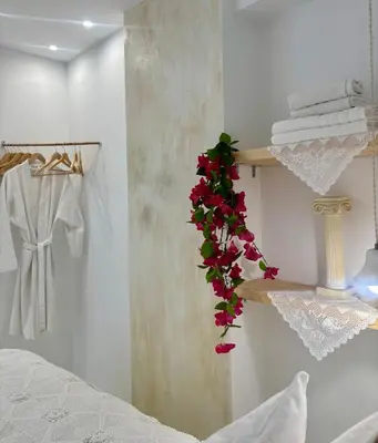 a room with a bed and a shelf with flowers at Álas Holiday Home in Archangelos