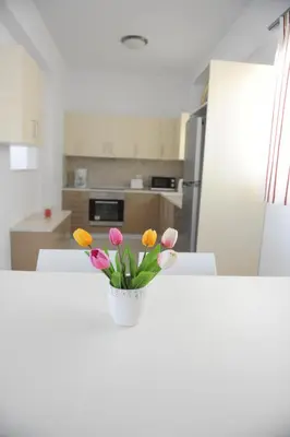 a vase of flowers on a counter in a kitchen at Gennadi Aegean Horizon Villas in Gennadi