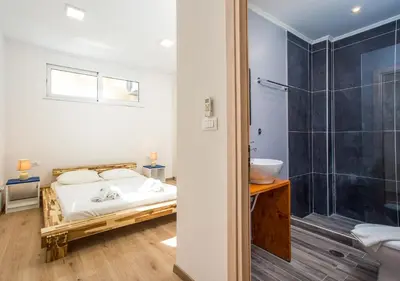 a bedroom with a bed and a shower at Louloudi Hills Villa 1 in Koskinou