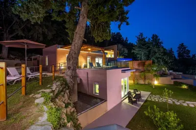 a modern house with a tree in the yard at Louloudi Hills Villa 2 in Koskinou