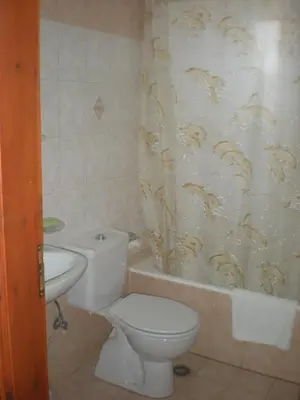 a bathroom with a toilet and a sink and a shower curtain at Chrysa Studios in Líndos