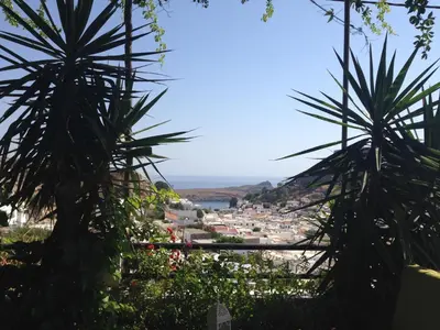 a view of a town from between two palm trees at Chrysa Studios in Líndos
