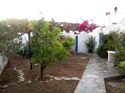 a garden with a tree with pink flowers on it at Rhodes Summer House in Gennadi