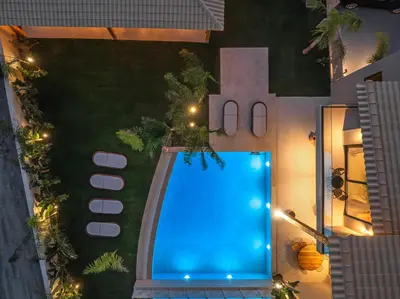 an overhead view of a swimming pool in a yard at Vadis Luxury Villa Rhodes in Koskinou