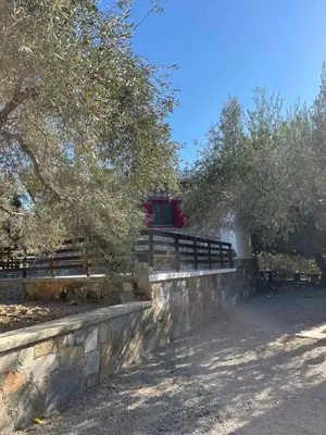 a stone retaining wall with a fence and trees at Thomas house in Archangelos