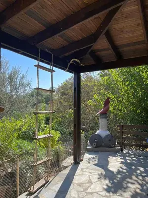 a building with a structure with a ladder and a statue at Thomas house in Archangelos