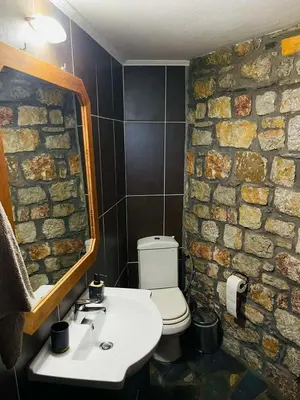 a bathroom with a sink and a stone wall at Thomas house in Archangelos