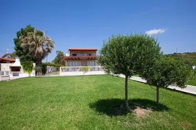 a tree in a yard in front of a house at Villa Nefeli in Kiotari