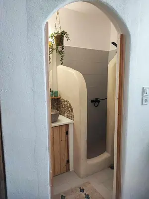 a bathroom with a sink and a shower in a room at Studio Lachania in Lachania