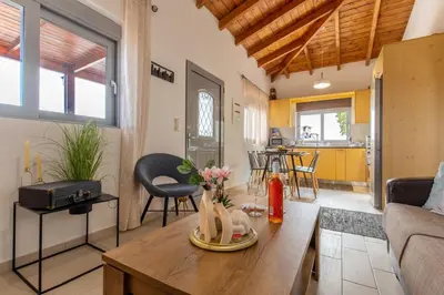 a living room with a couch and a table at Ampeli Villa in Kolimbia