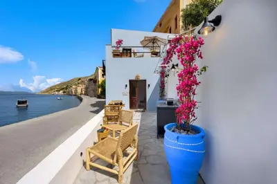 a building with chairs and flowers next to the water at Evgenias Sea House in Symi