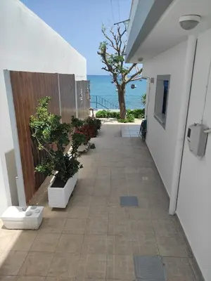 a walkway with potted plants and the ocean in the background at Villa Amalia in Vrachonisída touArchangélou