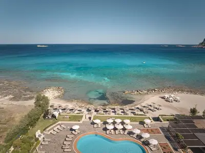 an aerial view of the beach and the ocean at Lindian Dream Seaside Resort- Adults Only in Líndos