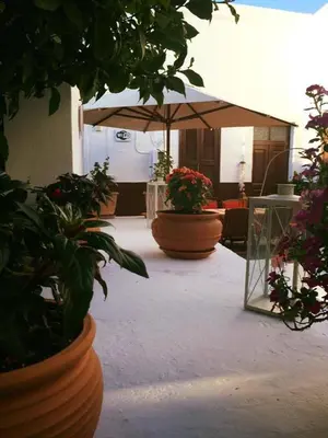 a group of potted plants and an umbrella in a room at Villa Elena in Líndos