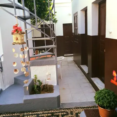 a hallway with a staircase with plants and flowers at Villa Elena in Líndos