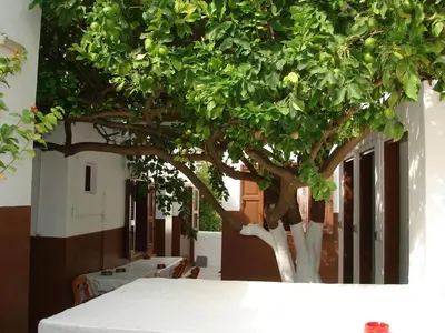a table with a tree in front of a building at Villa Elena in Líndos