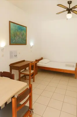 a living room with a bed and a table at Merryland Studios & Apartments in Kremasti